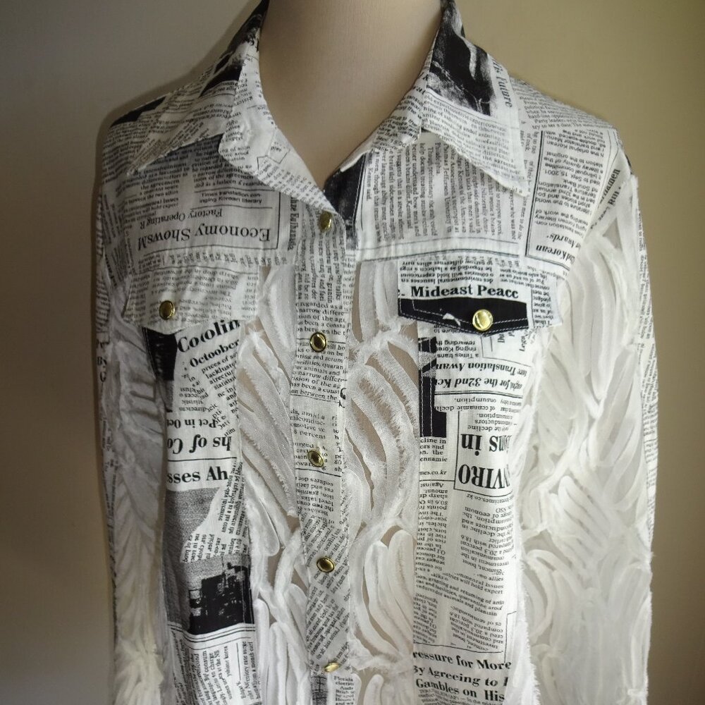 NWT New Womens White Adore Top Shirt L Sheer Black Newspaper Print
